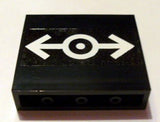 Black LEGO Panel 1x4x3 featuring a white train logo pattern with a central circle and arrows pointing left and right.