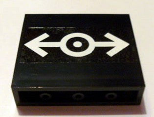 Black LEGO Panel 1x4x3 featuring a white train logo pattern with a central circle and arrows pointing left and right.