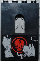 Black LEGO panel 1x4x5 with window. Features a sticker with a red skull in a circle and light bluish gray wall repair plates.