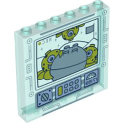 Light aqua transparent LEGO panel 1x6x5 with a screen pattern showing green aliens around a grey rock and control buttons/dials.