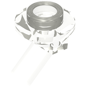 Transparent LEGO 65578 Bar 1L with Angled Hollow Stud, featuring a silver ring on the hollow stud.