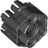 Dark gray LEGO projectile launcher part with six angled barrels for a rapid shooter mechanism.