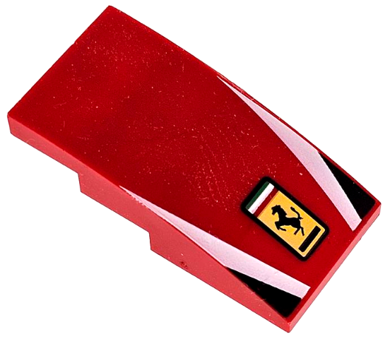 Red LEGO Slope, Curved 4x2 element, featuring a Ferrari logo, white stripes, and black triangle patterns.
