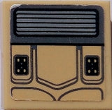 LEGO 2x2 inverted tan tile with a sticker showing a Millennium Falcon seat cushion pattern. Dark gray top with lines, tan bottom with panel details.