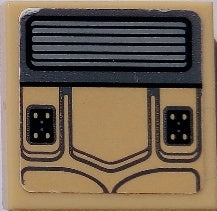 LEGO 2x2 inverted tan tile with a sticker showing a Millennium Falcon seat cushion pattern. Dark gray top with lines, tan bottom with panel details.