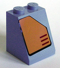 Lavender LEGO Slope 65 2 x 2 x 2 brick with an orange panel sticker featuring a cut top right corner and three red lines.