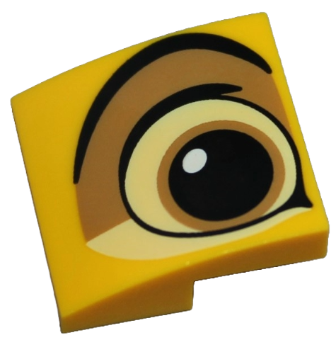 Yellow curved LEGO slope 2x2x2/3 featuring a right-sided eye pattern in black, bright light yellow, and medium nougat.
