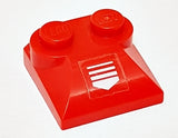 Red LEGO curved slope 2x2x2/3 with 2 studs and a white arrow pattern sticker, from Set 7701.