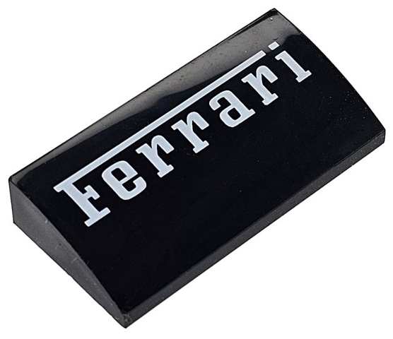 Black LEGO Slope, Curved 2 x 4 x 2/3 with Bottom Tubes, featuring a white 'Ferrari' pattern.