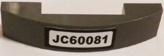 Dark grey LEGO Slope, Curved 4 x 1 x 2/3 Double with 'JC60081' pattern sticker, part of set 60081.