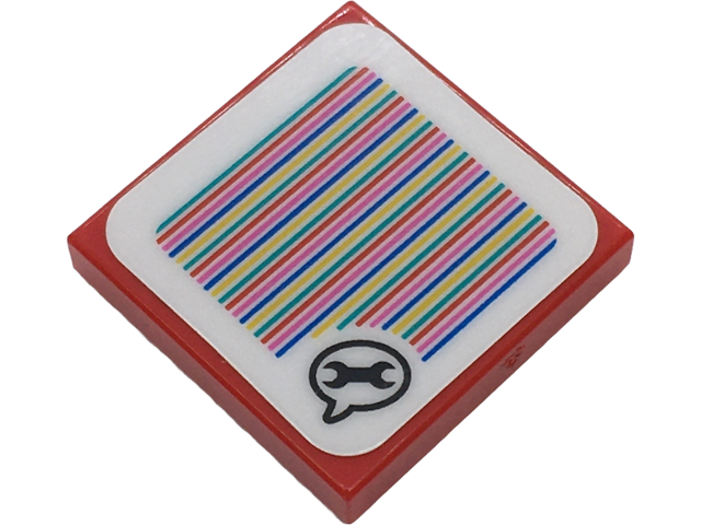 Red 2x2 LEGO tile with Super Mario scanner code sticker: colorful diagonal stripes and a wrench in a speech bubble.