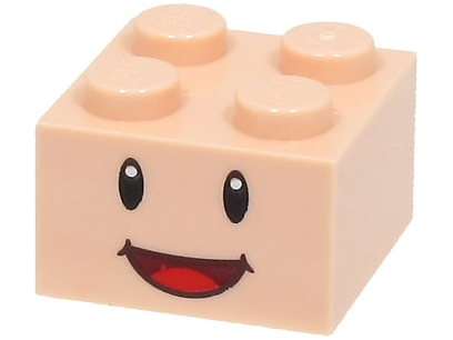 LEGO Super Mario 2x2 brick, light flesh, with smiling Toad face pattern: black eyes, white pupils, red tongue.