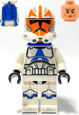 LEGO sw1276 Phase 2 Clone Trooper minifigure with Togruta-marked helmet, blue armor accents, separate jet pack and tan head.