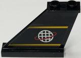Black LEGO tail 4x1x3 piece with yellow lines and white globe Alpha Team logo with red orbit on the left side.