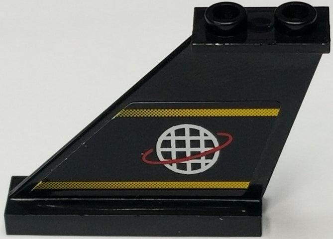 Black LEGO tail 4x1x3 piece with yellow lines and white globe Alpha Team logo with red orbit on the left side.