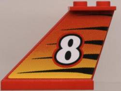 Red LEGO tail piece 2340pb006L with a white number 8 on an orange-yellow gradient tiger stripes background.
