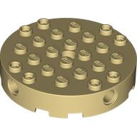 Tan LEGO round 6x6 brick with 25 studs on top, four side pin holes around the base, and a large central hole.