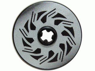 LEGO Technic Disk 3x3, silver with a black disk brake and triangle swirls pattern sticker. Part 2723pb038.