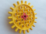 Yellow LEGO Technic 21-tooth gear with a pink cross axle hole, featuring an expert builder design.