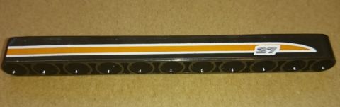 Black LEGO Technic 1x11 liftarm with orange and white stripes, a '27' pattern, and pin holes along the bottom.