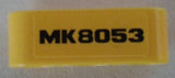 Yellow LEGO Technic Liftarm 1x3 with black 'MK8053' pattern, part 32523pb10, from set 8053.