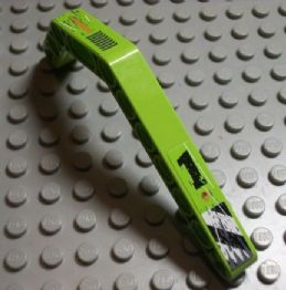 Lime green LEGO Technic bent liftarm 1 x 11.5 with '1', danger stripes, and exhaust vent patterns.
