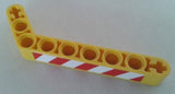 Yellow LEGO Technic bent liftarm 1x9 (7-3) with red and white danger stripes pattern