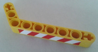 Yellow LEGO Technic bent liftarm 1x9 (7-3) with red and white danger stripes pattern