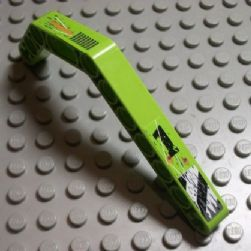 Green LEGO Technic bent liftarm 1 x 11.5 with worn '1', danger stripes, and exhaust vent pattern.