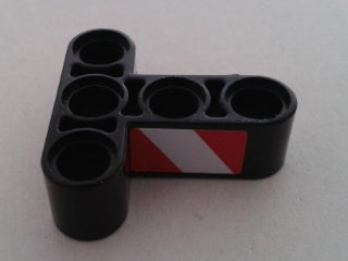 Black LEGO Technic T-shape thick 3x3 liftarm, part 60484pb002R, with red and white danger stripes pattern on its right side.