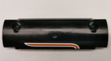 Black LEGO Technic curved panel 11x3 with two pin holes, small center hole, and orange and white stripe pattern.