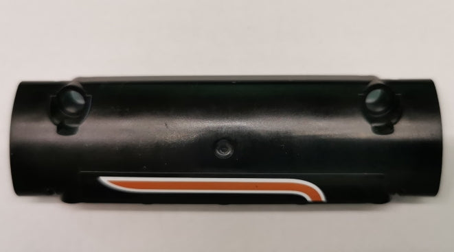 Black LEGO Technic curved panel 11x3 with two pin holes, small center hole, and orange and white stripe pattern.