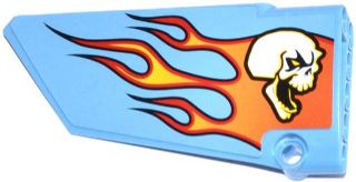 Light blue LEGO Technic Panel Fairing #17, large, smooth, with a vibrant orange and red flames pattern and a white skull.
