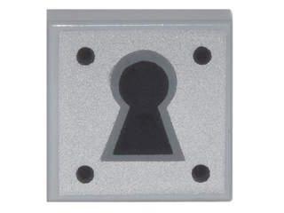 LEGO Tile 1x1 with black keyhole pattern and four black dots on a silver background.