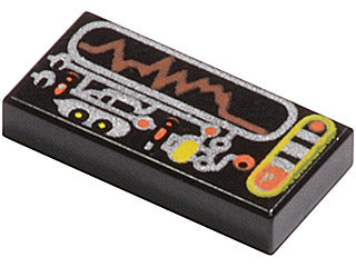 Black LEGO 1x2 tile with silver, orange, and yellow circuitry print, including a display showing a brown wavy line.
