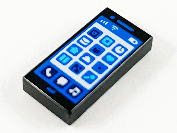 A LEGO 1x2 tile with a detailed blue and white smartphone screen pattern, showing app icons and signal bars.