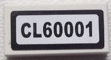 White LEGO 1x2 tile featuring a black-bordered sticker with 'CL60001' text.