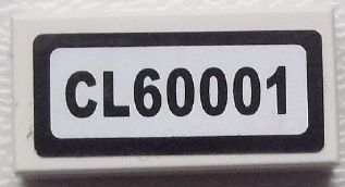 White LEGO 1x2 tile featuring a black-bordered sticker with 'CL60001' text.