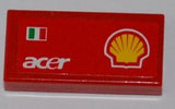 Red LEGO 1x2 tile with Italian flag, white 'acer' logo, and Shell logo pattern.