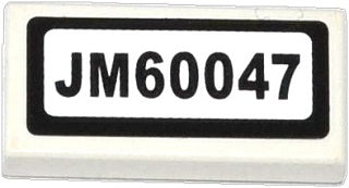 White LEGO 1x2 tile with a black border and 'JM60047' pattern printed in black on a white background.