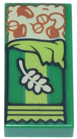LEGO 1x2 green tile with a tan granola bar print, showing reddish-brown grains and seeds, wrapped in a lime green pattern.