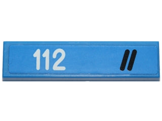A blue LEGO 1x4 tile with '112' printed in white on the left and two black diagonal stripes on the right.