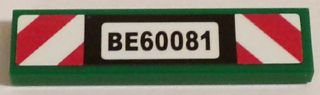 Green LEGO 1x4 tile with 'BE60081' text and red and white diagonal danger stripe pattern.