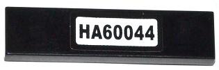 Black LEGO Tile 1x4 with a white sticker displaying 'HA60044' in black text.