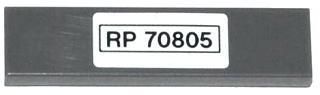 LEGO 1x4 dark gray tile with white sticker featuring 'RP 70805' pattern in black text and border.