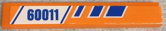 Orange LEGO 1x6 tile with a white sticker displaying blue diagonal stripes and the number 60011.