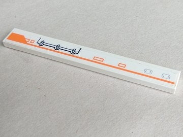 White LEGO 1x8 tile featuring an orange line, blue mechanical pattern on the model's left side, and orange/blue details.