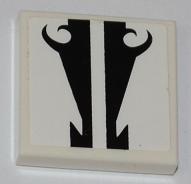 White LEGO 2x2 tile 3068pb0450 with a black decorative lines sticker pattern, resembling stylized horns and a central white stripe, from set 8198.