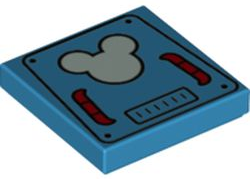 Bright light blue LEGO Tile 2x2 with a gray Mickey Mouse head logo on a patterned hatch with red handles.