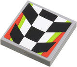 LEGO 2x2 tile with a black and white checkered pattern and a red and lime green border.
